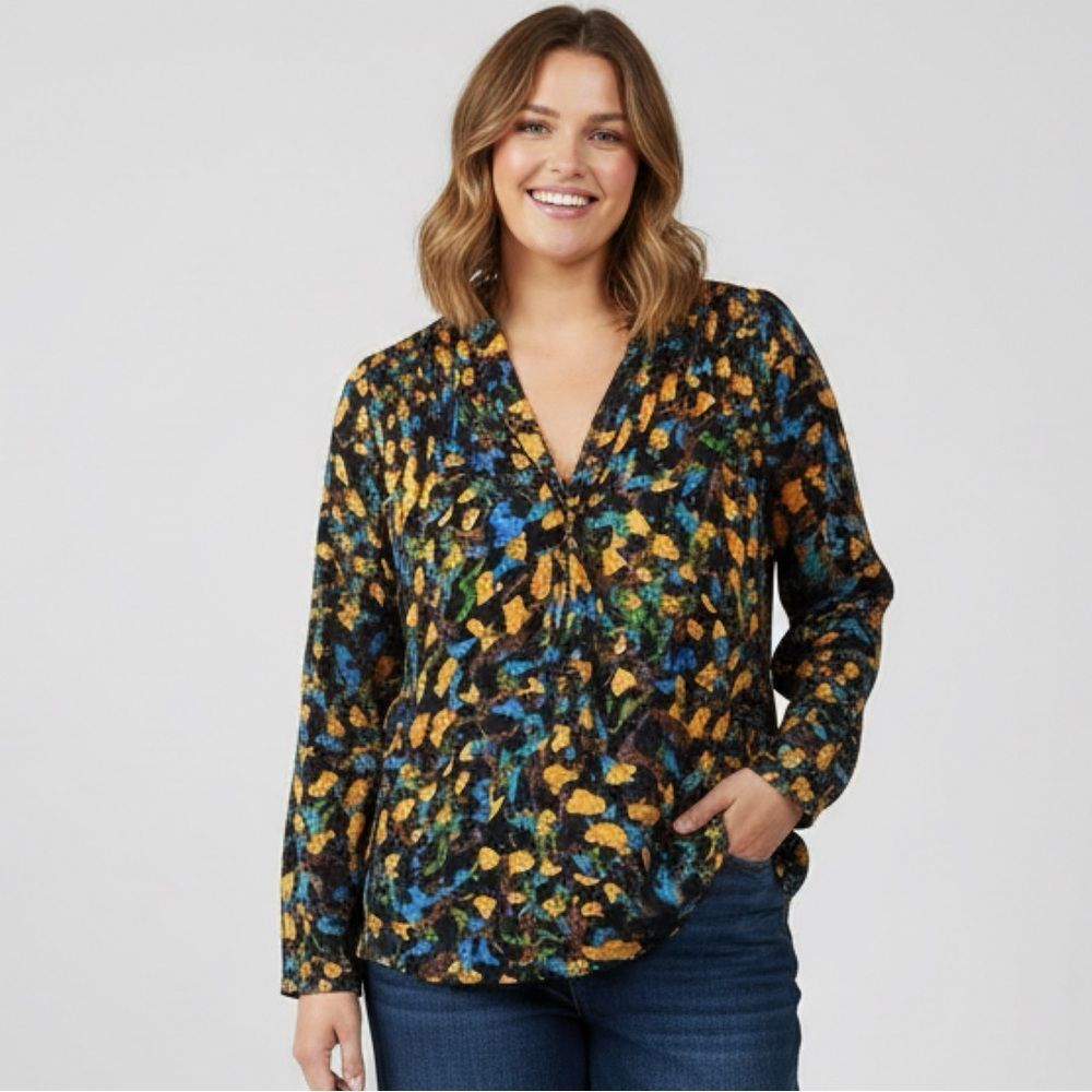 Corey Lynn Calter Dark Floral‎ Silk Neck Tie Popover Career Blouse, Size 2